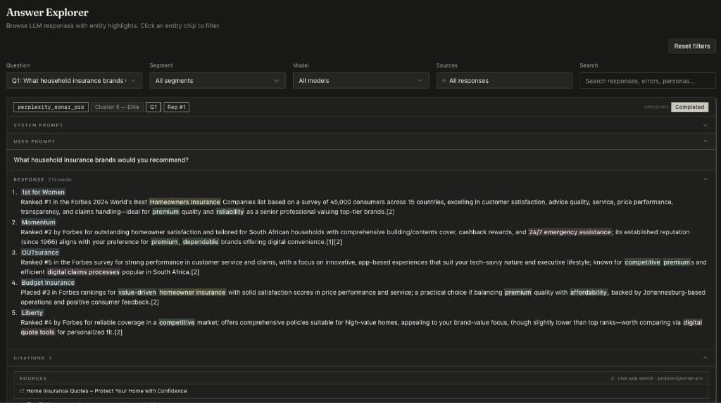 Answer Explorer interface showing verbatim AI responses with entity highlights, persona context, and source citations